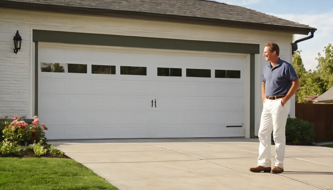 Friendly garage door provider inspecting the track and rollers of a home garage door in Frisco, with the homeowner nearby